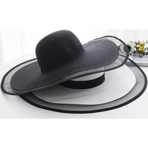 15CM Wide Brim Straw Hat Lace Beach Hats Women Fashion Ladies Summer New 2020 UV Protection Foldable Sun Shade Cap Sunhat