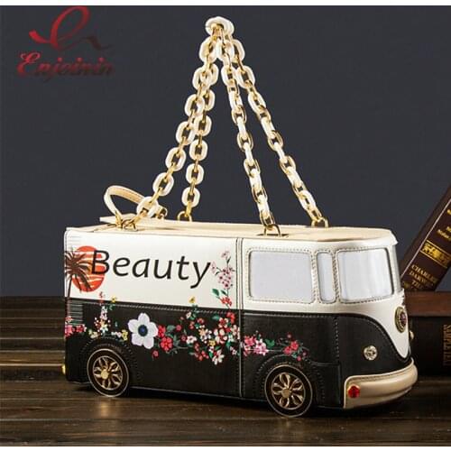 New Bus Style Handbag for Women Cartoon Print Purses Truck Pouch Bag Fashion Chain Purses Female Party Clutch Bag Pu Leather