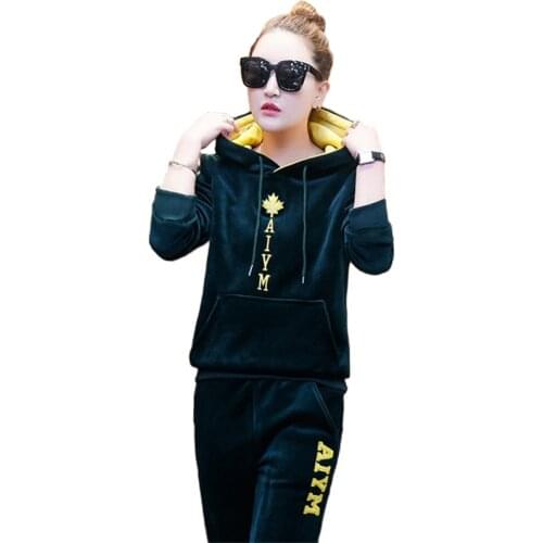 Spring Autumn Women Gold Velvet Two Pieces Tracksuits Suit Female Flocking Track Suit Hoodies Embroidery Trousers Sets Plus size