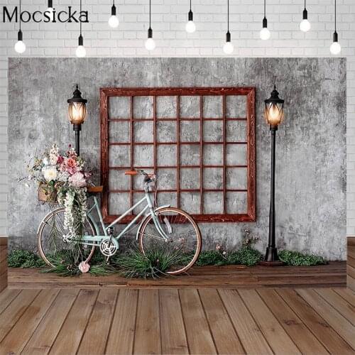 Spring Grey Wall Backdrops Window Street Lamp Bicycle Flowers Wooden Floor Photography Background Children Birthday Photo Studio