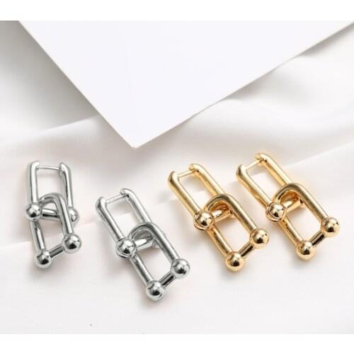 Vintage Brass Thick Link U Shape Geometric Chunky Huggie Earrings For Women Gold Chic Stylish Dangle Drop Earrings Jewelry