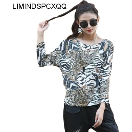 LIMINDSPCXQQ European 2021 Holes Sexy Leopard Tee Shirts Women Loose Punk Hip Hop Clothing Ladies T Shirt Long Sleeve Streetwear