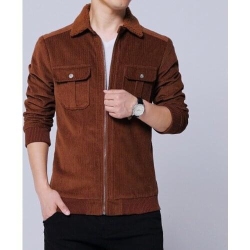 Hot Sale Corduroy Jacket Men Fleece Bomber Jacket And Coats Youth Casual Solid Color Fur Collar Zipper Casual Tops Outwear Brown