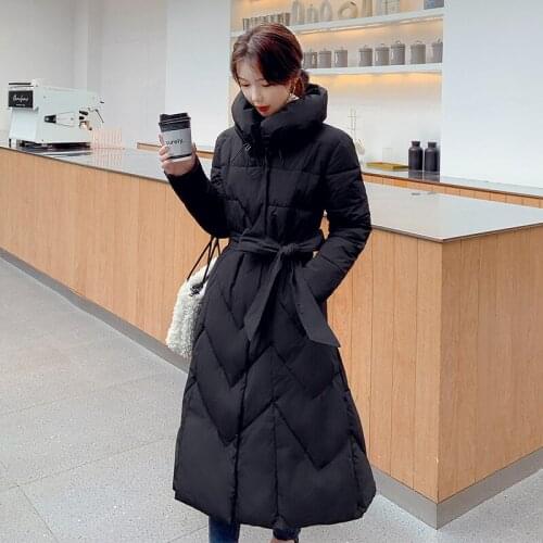 Womens Winter Jacket X-Long Solid Turn Down Collar Korean Style Ladies Parkas with Sashes Zipper Pockets Casual Female Outwear