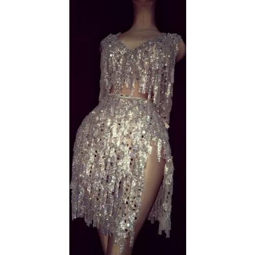 Shining Silver Sequins Chain Tassel Party Outfit Sets Women Fringes Top + Lace Up Skirts Nightclub Prom Dancer Stage Clothes