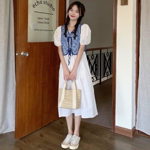 Womens New Style Korean Flower Net Lace Waistcoat V-neck Short-sleeved Dress for Women