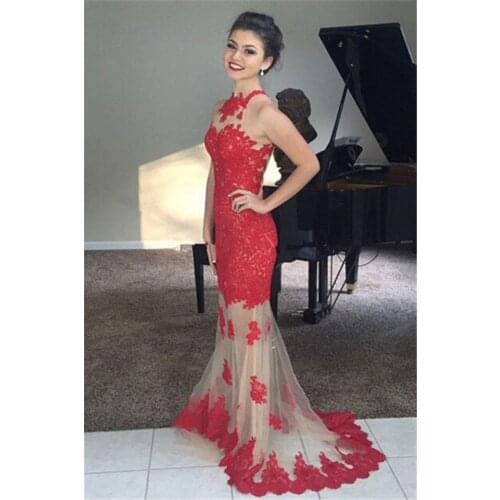 High Neck Red Mermaid Prom gown 2018 See Through Lace Applique Evening sleeveless robe de soiree Mother of the Bride Dresses
