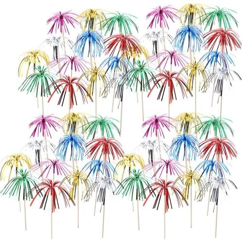 100pcs Firework Sign Wood Firework Cocktail Toothpicks Tropical Cupcake Toppers Drink Toothpicks with Long Tassels Cellophane