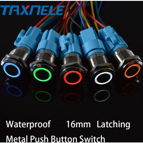 16mm Waterproof Metal Push Button Switch Ring and LED light 9-24V 12V 110V 220V Momentary Latching 1NO 1NC Wide Voltage