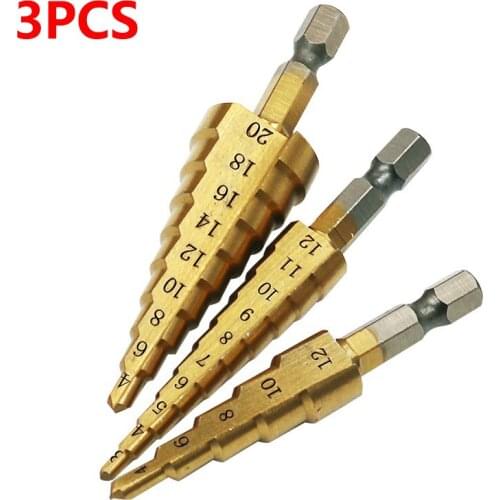 3pcs HSS Titanium Coated Step Drill Bit 3-12 3-20 4-12 Drilling Power Tools Metal High Speed Steel Wood Hole Cutter Cone Drill