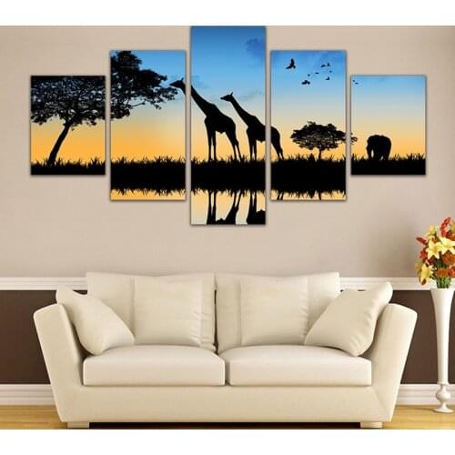 5 Pieces of Giraffe Posters In The Setting Sun, Bedroom Home Living Room Decoration Frameless Printing Hanging Painting Core