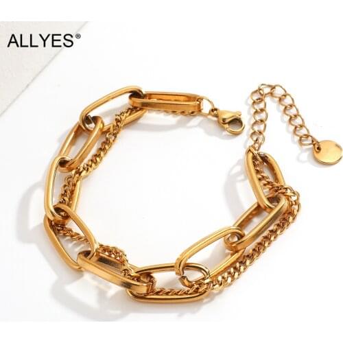 ALLYES Simple Multilayer Stainless Steel Chain Bracelet for Women Punk Thick Gold Plated Metal Bracelet Party Unisex Jewelry
