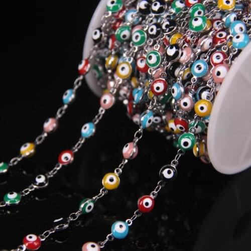 5Meter/Lot Colourful Enamel Rosary Chain 6mm Evil Eye Bead,Lampwork Glass Coin Copper Plated Silver Chain,DIY Bracelet Findings