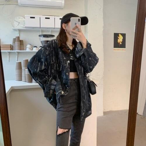Spring Autumn Black Hole Denim Jacket Women Oversized Outerwear Loose Harajuku Long sleeve Jeans jacket Casual Casaco Feminino