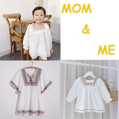 IMucci Girls Children Embroidery Patchwork Cotton Mommy and Me Blouse Women Short Sleeve Broadcloth Tops