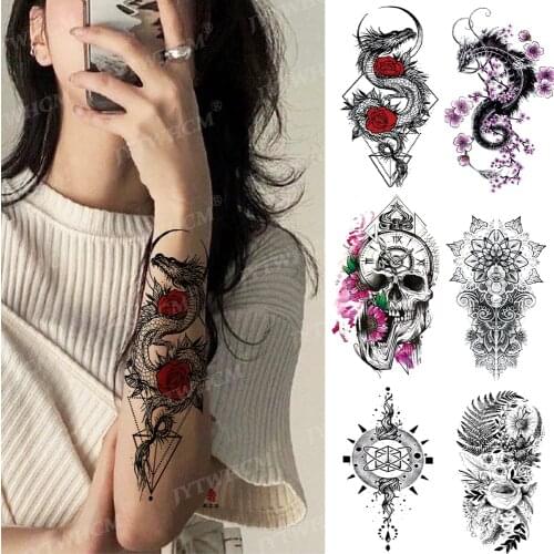 Temporary Waterproof Tattoo Flower Dragon Snake Sexy Cool Tattoo Female Lion Skull Eye Totem Body Art Arm Fake Sleeve Tattoo Men