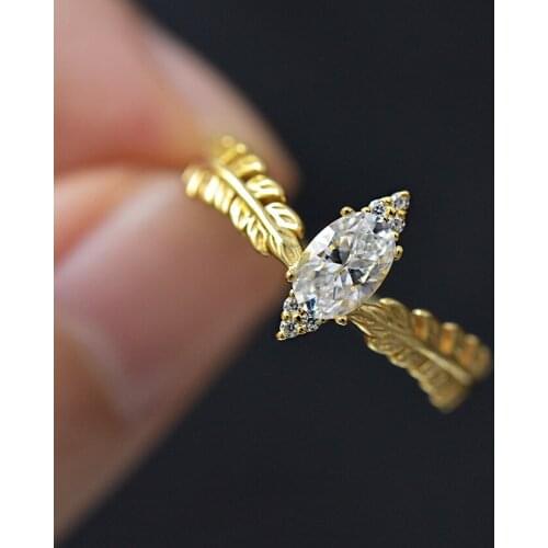 2021 New 925 Sterling Silver 4*6mm High Carbon Diamond Olive Shape Feather Ring For Women Anniversary Engagement Fine Jewelry