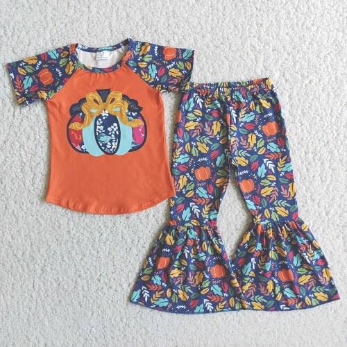 Ready To Ship Girl Short Sleeve Outfit For Hallowenn Kids Stitching Pumpkin Top Match Fashion Print Flare Pants 2Pieces Set