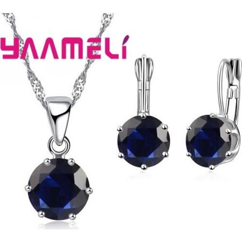 New Fashion 925 Sterling Silver Jewelry Sets For Women Wedding Collares Crystal Pendants Necklace Charms Hoop Earrings