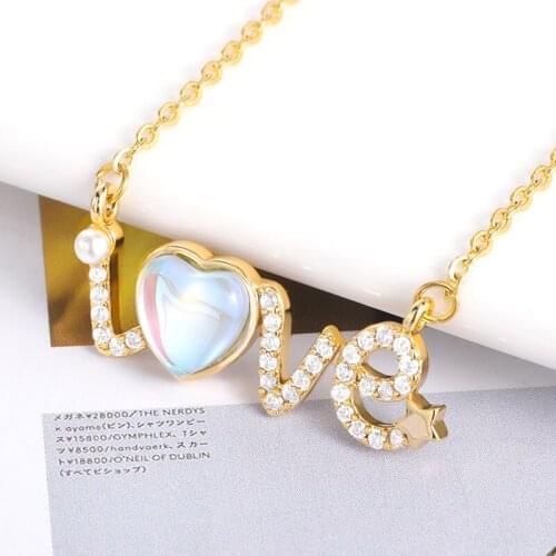 Korean Fashion Crystal Opal Love Necklace For Women Bohemia Jewelry Gold Chain Clavicle Gift Mujer Bijoux