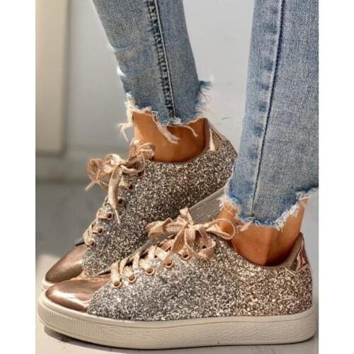 Fashion Womens Casual Rock Glitter Sparkling Sneakers Womens White Sole Street Sneakers Shiny Encrusted Lace Up Shoes