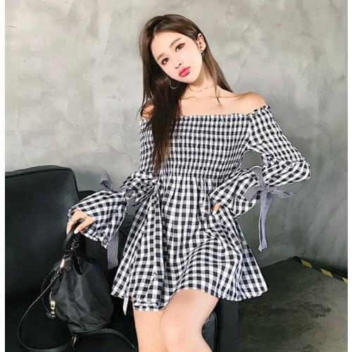 Mini-dresses for Women Summer Style Fashion Brands Korean Clothes Flare Sleeve Black Plaid Slash Neck Off Shoulder Dress New Red