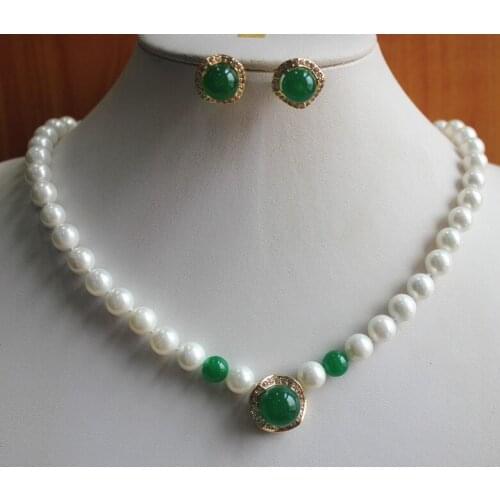 Fashion ladys 8mm white shell pearl necklace 14mm natural stone earrings set