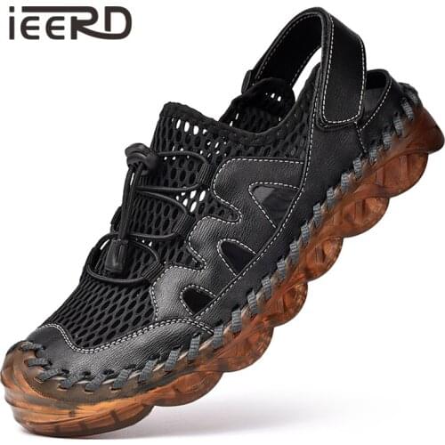 New Breathable Men Shoes Waterproof Genuine Leather+Mesh Outdoor Sneakers Men Sandals Antiskid Beach Hollow Shoes Footwear