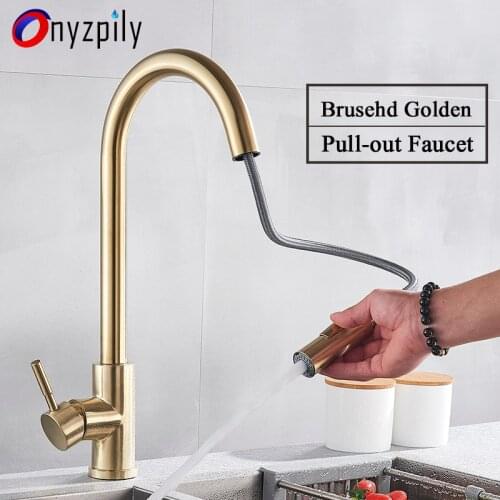 Onyzpily Brushed Golden Pull Out Spray Sink Faucet 360 Rotation Spout Single Handle Mixer Cold&Hot Water Tap Sink Faucet