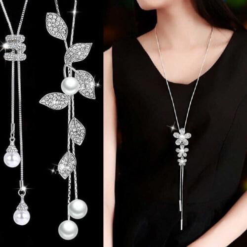 Necklace Chain Tassel beautiful Pearl Women Pendant Flower Crystal Sweater Jewelry