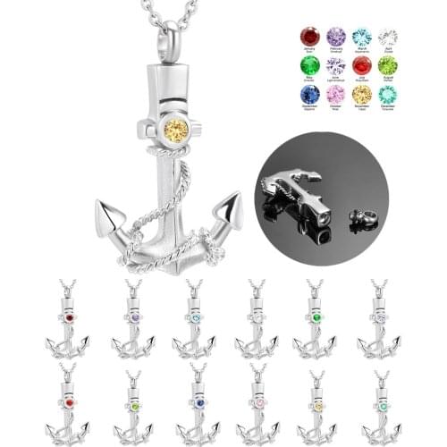 Anchor Memorial Stainless Steel Cremation Pendant Necklace 12 Birthstone Charm Urn Necklace for Ashes Jewelry Keepsake Pendant