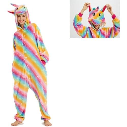 Adult Cartoon Unicorn Pajamas Set Pajamas Cosplay Zipper Female Men Flannel Unis Color golden horse cosplay