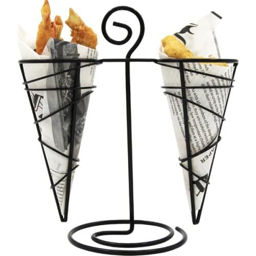 Snacks Rack French Fries Holder Iron Basket Creative Tray Bar Restaurant Two-Head Black French Fry Stand Cone Basket Holder 1pcs