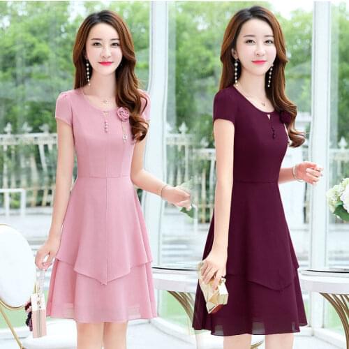 Summer Elegant Plus Size Chiffton Rose Flower Short Sleeve O-Neck A-Line Solid Color Pink Black Wine Red Coctail Dress 9948