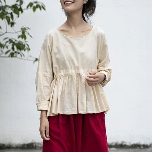 Johnature Women Spring Cotton Linen T-Shirts Sweet Loose 2021 New O-Neck Long Sleeve Beige Fold Women Clothes Girl Casual Tshirt