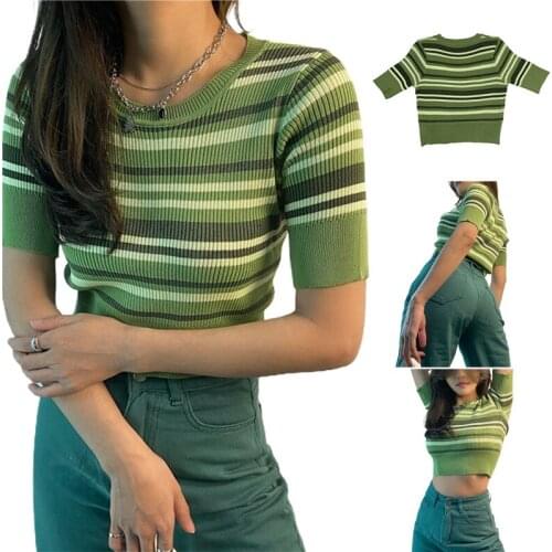 Striped Knitted T Shirt Women Knit Crop Tops Female Color Block Short Sleeve Round Neck Streetwear Tee Top Fashion tshirts