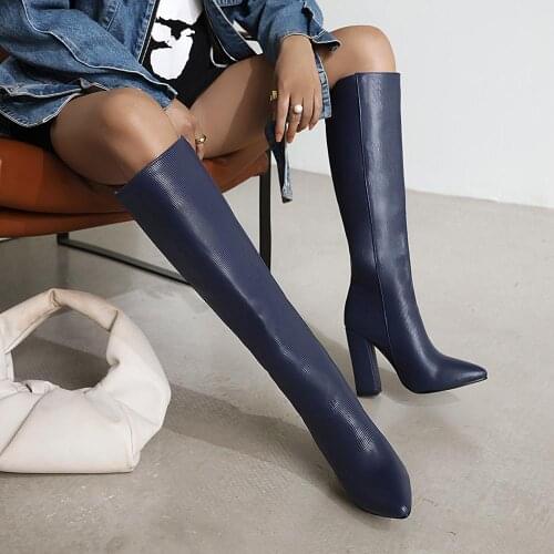 Women Boots Sqaure High Heel Knee High Boots Faux Leather Pointed Toe Autumn Winter Long boots Black Blue 34-43