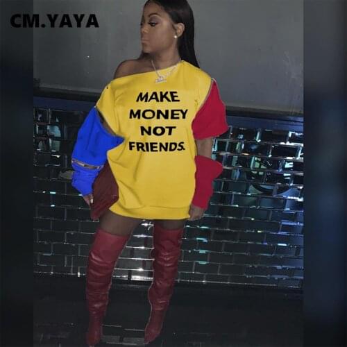 CM.YAYA Women Autumn Winter Zipper Cut Out Patchwork Make Money Not Friends Off Shoulder Sweatshirt Active Pullover Hoodies