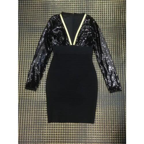 Women V Neck Sequined Dress Mini Black Bodycon Bandage Party Dresses Slim Lady Clubnight Sexy Vestidos Stunning Fashion Dress