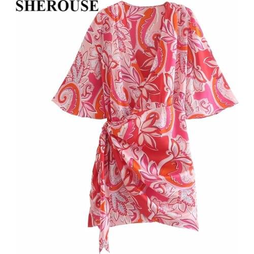 2021 New Summer Women Floral Printed Dress V-Neck Short Sleeve Dresses Chic Lady Casual Fashion Women Dress