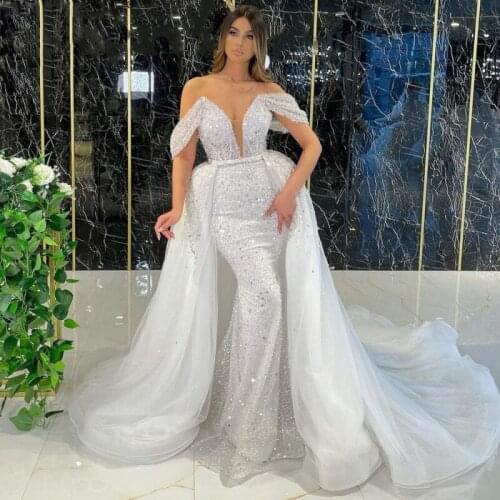 Gorgeous Off The Shoulder White Sequined Mermaid Prom Dresses Detachable Train Evening Gowns Custom Made Robe De Soiree 2022