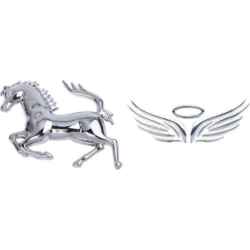 1 Pcs Silver Horse Logo Emblem Badge 3D Sticker & 1 Pcs 3D Angel Fairy Wings Car Logo Emblem Badge Decal