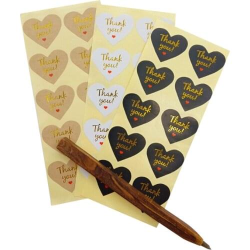 1000pcs Gold Hot stamping thank you Red heart Black White Adhesive Paper Sealing Stickers Decorative Gifts Package Label