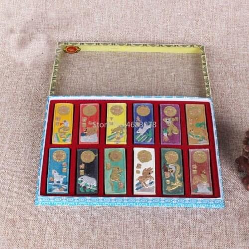 12pcs/set Colorful Chinese Zodiac Chinese Japanese Calligraphy Sumi-E ink Painting Ink Stick for Calligraphy Brushes father gift