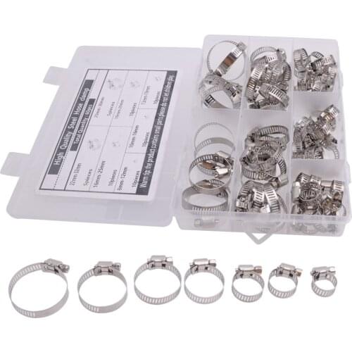 60pcs/set 7-Size Stainless Steel Clamp Assortment Hoop Hose Clamps w/ Box Car Silver for Fuel Line Worm Gear Hoses Accessories