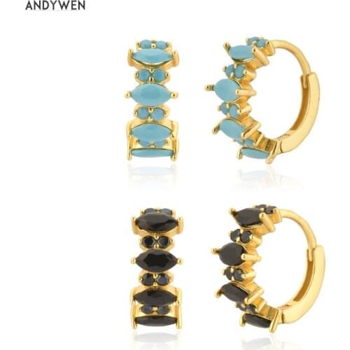 ANDYWEN 925 Sterling Silver Gold Turquoise Black Huggies Women Fashion Crystal Luxury Crystal Piercing Hoops Women Fashion Jewel