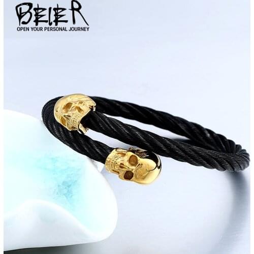 Beier 316L stainless steel Punk Golden Skull Mens Bracelet Cool Adjustable High Quality Jewelry LLBRG-016G