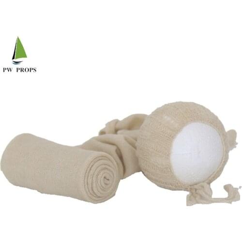 Beige Newborn Stretch Wrap Hat Set Photo Prop Fluffy Soft Baby Swaddle Cocoon Bonnet Infant Shoot Photography Props