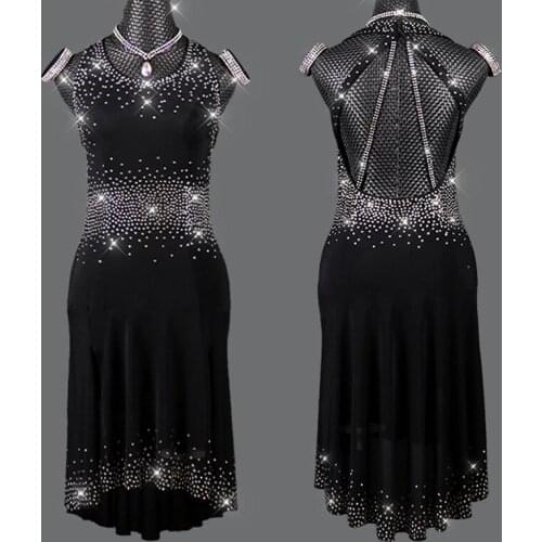 Sparkly Latin Dance Costume Backless Sexy Dress Rhhinestone Performance Dancing Clothes Women Girls Black Latin Dress DNV15164