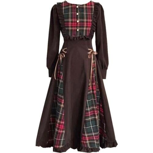 Lolita One Piece Dress Plaid Long Sleeve Preppy Style Pleated Spring and Fall High Waist Dress